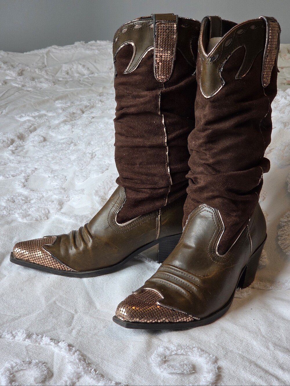 Splash Tall Brown Sparkle Toes ✨ Vegan Slouchy Cowgirl Boots Sz 6.5 Festival